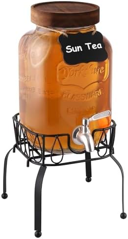 1 Gallon Drink Dispenser with Spigot 18/8 Stainless Steel – Airtight & Leakproof Glass Sun Tea Jar with Anti-Rust Lids, Beverage Dispenser for Parties (Single with Stand)