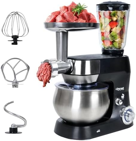 6-in-1 Multifunctional Stand Mixer, 5.3Qt 660W, 6-Speed Tilt-head, Electric Kitchen Mixer with Stainless Steel Bowl,Meat Grinder, Juice Blender (Black)