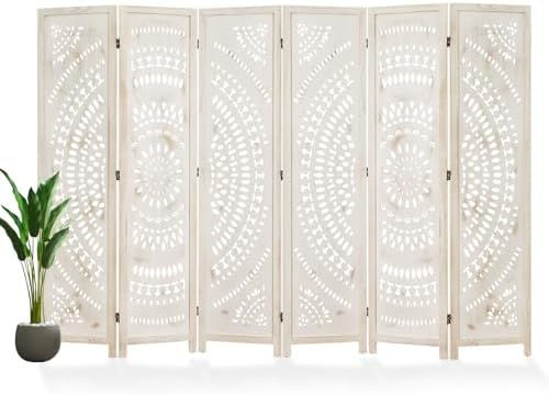 66.9Inch Folding Room Divider, 6 Panels Wood Carved Privacy Screens, Free Assembled Freestanding Partition for Home Office Restaurant Bedroom (White-Washed)