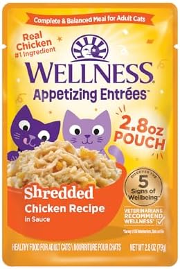 Wellness Appetizing Entrées Shredded Adult Wet Cat Food, Natural, Protein-Rich, Grain Free, 2.8 Ounce Pouch, 8 Pack (Chicken Recipe)