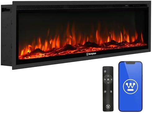 Westinghouse 50 Inch Electric Fireplace Heater, Compatible with Alexa & Google Home, Wall Mount or in-Wall Recessed Fireplace Insert, 24 Hour Timer, Color Changing Flames, 750W/1500W Indoor Heater