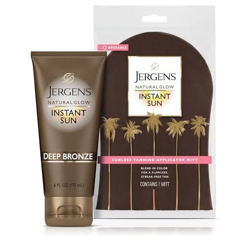 Jergens Natural Glow Instant Sun Bundle: Deep Bronze Sunless Tanning Moisturizer + Bronzing Lotion, 6oz Bottle and Applicator Mitt