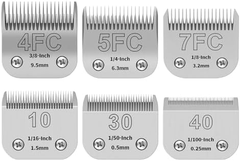 6PCS (4FC+5FC+7FC10+30+40 Dog Grooming Blades Compatible with Andis Pet Clipper/Oster A5/Wahl KM Series Dog Clipper,Ceramic Blade & Stainless Steel Blade