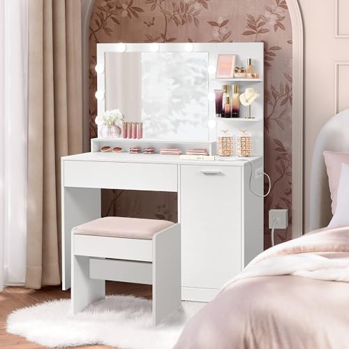 VASAGLE Vanity Desk with Mirror and Lights, 43.3-Inch Wide Makeup Vanity with Upholstered Vanity Stool, Power Outlets, Dimmable LED Lights, Storage Drawer, for Bedroom, Cloud White URDT628W01
