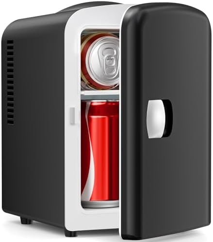 Compact Refrigerator, Portable Mini Fridge, Skin Care 4L Capacity/6 Cans, for Bedroom, Car, Office & Dorm, Small Cooler for Cosmetics, Beverage and Food, Black