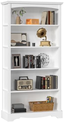 TVU 5-Tier Wooden Bookshelf, 65 Inch Tall Bookshelf with Storage, Floor Standing Modern Style Display Bookcase for Living Room, Office, Study Room, Entryway, White