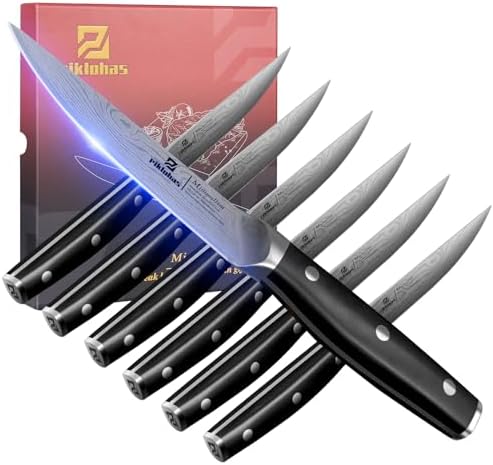Steak Knives Set of 6, 4.5 Inch Non Serrated Dinner Knife, Forged German Steel Damascus Pattern Straight Edge Meat Knife with Full Tang Handle, Dishwasher Safe, Ideal for Gift