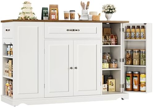 HOSTACK Kitchen Island Cart with Storage, 47'' Kitchen Storage Island on Wheels with 2 Drawers, Rolling Island Table with Adjustable Shelves, Mobile Buffet Sideboard Cabinet for Dining Room, White