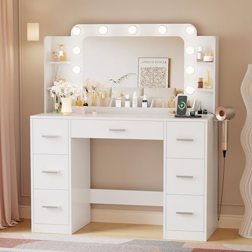 YESHOMY Vanity Desk with Large Lighted Mirror, Power Outlet and 11 Lights, Makeup Table with 7 Drawers and 3 Desktup Storage Units, 3 Color Modes Available for Bedroom, White