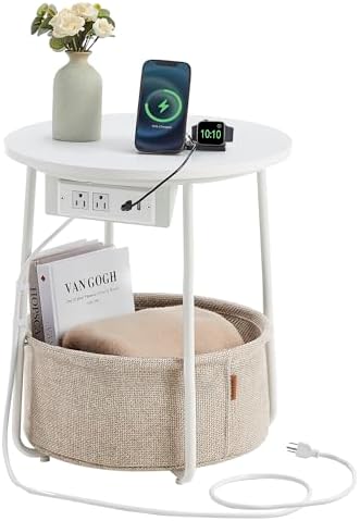 VASAGLE Side Table with Charging Station, Round End Table with Fabric Basket, Nightstand with Power Outlets, USB Ports, for Living Room, Bedroom, Modern, Matte White and Camel Brown ULET228W01
