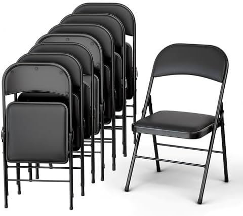 8 Pack Leather Chair | Foldable & Stackable | 350 lbs Capacity Steel Frame Seats for Indoor or Outdoor | Commercial Use Events Wedding Party Events Bulk Picnic Kitchen Dining - Black