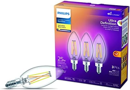 PHILIPS 2W B11 Candelabra Base Soft White Warm Glow Dimmable LED Light Bulbs - 3 Pack
