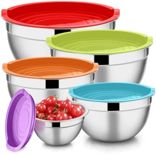 E-far Mixing Bowls with Lids Set of 5, Stainless Steel Mixing Bowls Metal Nesting Bowls with Airtight Lids, Non-toxic & Dishwasher Safe, Great for Cooking, Baking, Serving - Size 0.7/1/1.5/3/4.6QT
