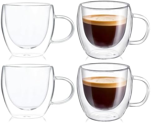 4-Pack 5 Ounces Double Wall Clear Glass Coffee mugs,5 oz Espresso Cups With Handle,Insulated Mugs,Cappuccino Cups,Tea Cups,Latte Cups,Beverage Glasses Heat Resistant