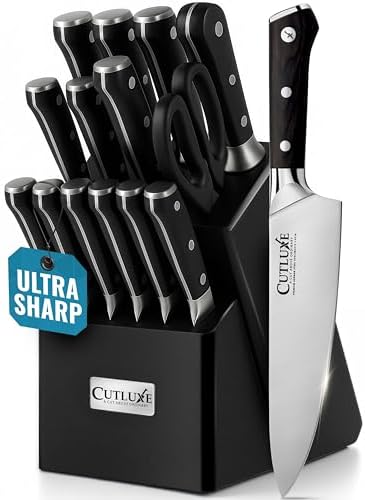 Cutluxe 15-Piece Knife Set – Premium Black Wood Block – Knife Set for Kitchen, Ultra Sharp High Carbon German Stainless Steel, Full Tang – Artisan Series