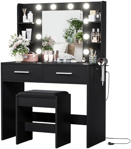 YESHOMY Vanity Desk with Mirror, Makeup Table with 2 Large Drawers, Power Outlet and Round Holder, 3 Color Modes Adjustable Bulb, Bench Included, Pure Black