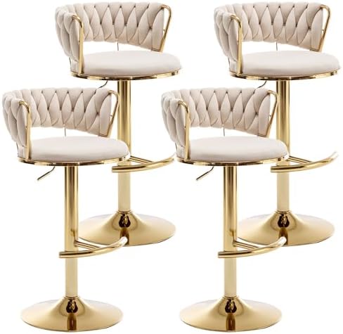 Gold Velvet Bar Stools Set of 4, Counter Height Barstools with Low Back, Swivel Bar Stool for Kitchen Island, Pub (Beige)