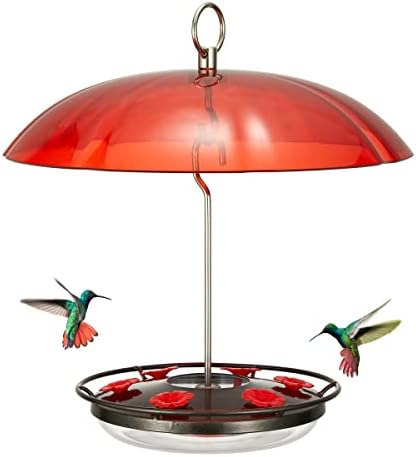 Kingsyard Weatherproof Hummingbird Feeder for Outdoors Hanging - Heavy Duty Metal lid with 6 bee Guard Feeding Ports & Circular Perch, Built-in Ant Moat, Easy to Refill & Clean (12oz/Black)