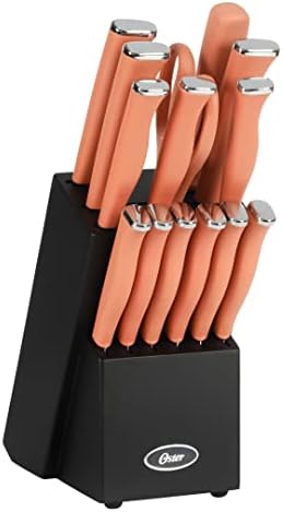 Oster Langmore 15 Piece Stainless Steel Cutlery Knife Block Set W/Black Box – Terracotta Orange Handles