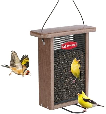 Kingsyard Metal Mesh Bird Feeder for Outdoors Hanging, Finch Feeder for Nyjer/Thistle, Sliding Mesh & Built-in Perch, Recycled Plastic, Brown