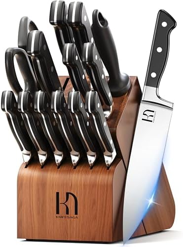 Knife Set, 15 Pcs Kitchen Knife Block Set, Enduring Razor-Sharp Japanese High Carbon Stainless Steel Chef Knife Set with Block and Sharpener, Premium Knives Set for Kitchen, Black Acacia