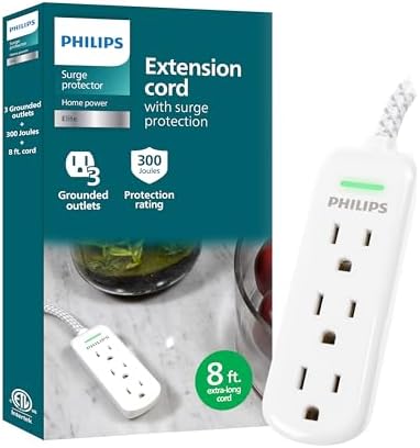 Philips 3-Outlet Grounded Extension Cord, 8 Ft Indoor Extension Cord with Surge Protection, Long Extension Cord, Flat Plug Surge Protection Power Strip, 300 Joules, UL Listed, White, SPP3433BB/37
