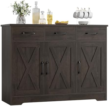 HOSTACK Modern Farmhouse Buffet Sideboard Cabinet, Barn Doors Storage Cabinet with Drawers and Shelves, Wood Coffee Bar with Storage for Dining Room, Kitchen, Living Room, Dark Brown