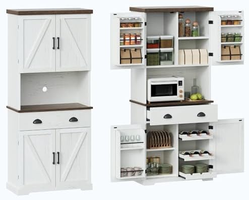 ChooChoo 72" Pantry Cabinet with Storage Drawers, Farmhouse Kitchen Hutch Bar Cabinet with Microwave Stand, Kitchen Cupboard with Door Shelves for Dining Room, Living Room, Antique White & Brown