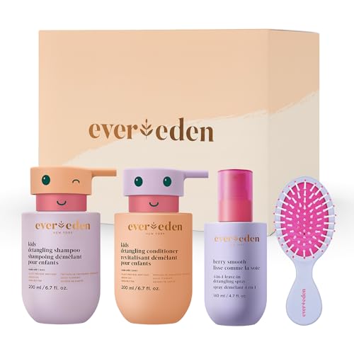 Evereden Kids Complete Haircare Set: Hair Detangling Shampoo, Conditioner, Spray for Children Ages 3+ & Pain-Free Hair Brush, Plant Protein Peptides & Argan Oil, Vegan, Free from Sulfate, Paraben