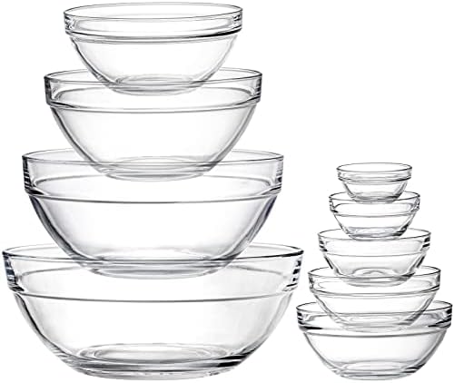 Lawei Set of 9 Glass Mixing Bowls - Glass Nesting Bowls Prep Bowl Clear Salad Bowls for Kitchen Prep Salad, Cereal, Ice Cream, Pasta, Fruits