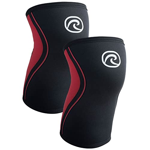 Rehband Knee Sleeve 3mm Neoprene, Lightweight Knee Brace for Endurance and Ball Sports, Unisex Compression Starter Knee-Sleeves, Breathable Running Knee Support, Colour:Black/Red - 1 Pair, Size:Small