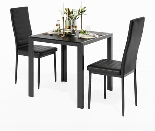 Gizoon 3 Piece Glass Dining Table Set, Kitchen and Chairs for 2, PU Leather Modern Room Sets for Home, Kitchen, Living Room