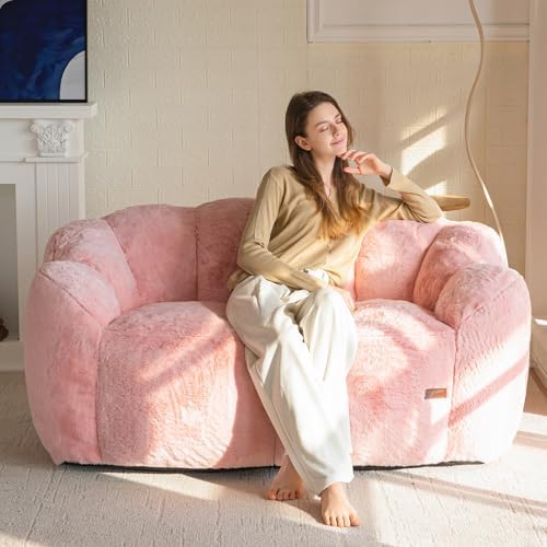 MAXYOYO Bean Bag Chair for Adults, Loveseat Floral Shaped Bean Bag Sofa, Ultra Soft Love Seat Mini Sofa Couch, Faux Fur Reading Chair for Living Room Bedroom, Pink