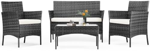 Sweetcrispy Patio Furniture Set 4 Pieces, Outdoor Furniture with Soft Cushion and Glass Table, All Weather Manual Weaving Wicker Rattan Patio Chairs for Garden, Terrace, Porch, Lawns,Black