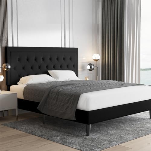 Allewie Queen Size Upholstered Platform Bed Frame with Adjustable Headboard, Button Tufted, Wood Slat Support, Easy Assembly, Black