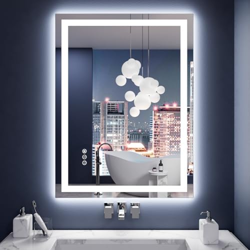 Amorho LED Mirror for Bathroom 28X36 Inch with Backlight and Front Light, Anti-Fog Mirror for Wall Mounted, Dimmable, 3 Colors, Memory