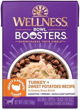 Wellness Bowl Boosters Hearty Toppers, Wet Dog Food Topper for Small, Medium, & Large Breeds, Grain Free, Natural, Turkey & Sweet Potatoes in Broth, 5.5 Ounce Pouch (Pack of 12)