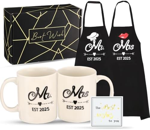 Mr and Mrs Est 2025 Mug and Apron Set, Bridal Shower Gifts, Wedding Engagement Gifts for Couples, for Couple, His and Her Gifts, Funny Kitchen Gifts for Couples