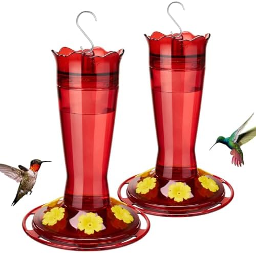 Kingsyard 2 Pack Glass Hummingbird Feeder for Outdoors Hanging - 6 Bee Guard Feeding Ports & Built-in Ant Moat, Wild Bird Feeder for Outside Garden Yard Patio 14 Oz, Red