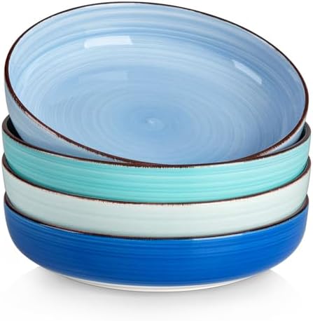 vancasso Pasta Bowls Set of 4, 46 oz Ceramic Salad Serving Bowls and Soup Bowls, Microwave Safe Pasta Plates, Large Shallow Kitchen Dishes, Bonita Series - Blue