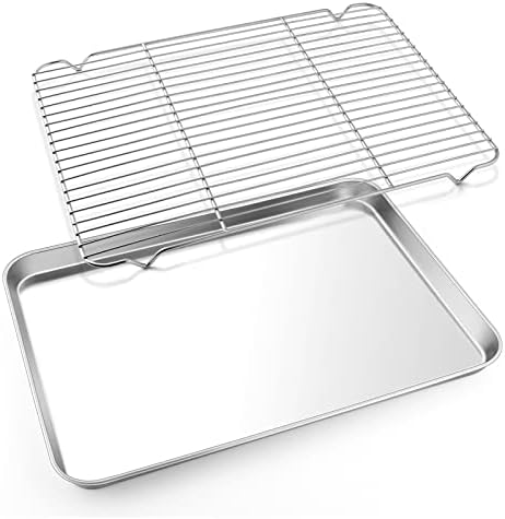 E-far Cookie Sheet with Rack Set, Half Sheet Baking Pan for Oven Cooking, 18βx13β Stainless Steel Rimmed Tray with Wire Cooling Rack for Roasting Broiling Bacon Meat Steak - Dishwasher Safe