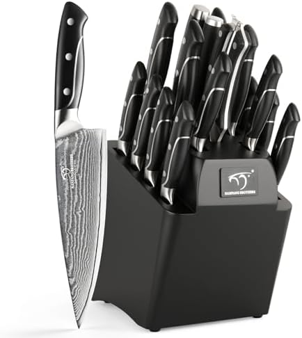 18 Pieces Damascus Kitchen Knife Set, 8 Piece Steak Knives, Non-slip ABS Ergonomic Triple Rivet Handle for Meat Fork, Knife Sharpener and Shears, 17 Slots Wooden Knife Block