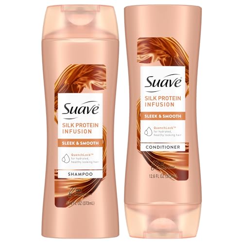 Suave Shampoo and Conditioner Set, Silk Protein Infusion, Sleek & Smooth – Protein Hair Treatment for Dry, Damaged Hair, Detangler, 48H Frizz Control, 12.6 Oz Ea (2 Piece Set)