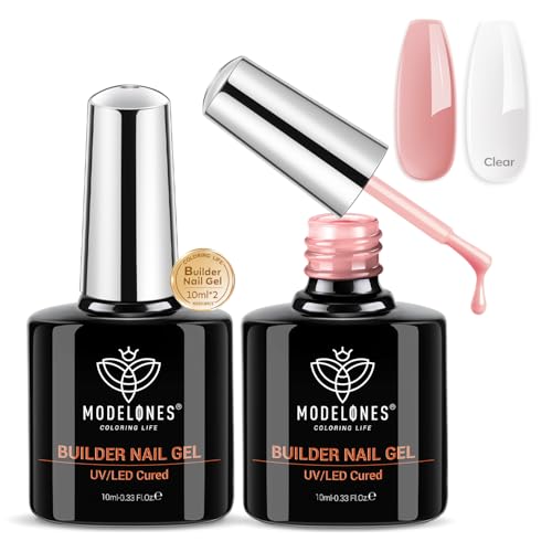 modelones Builder Nail Gel, 2 Pcs Clear and Rose Nude Pink Gel Builder for Nail Thickening Apex Building 8-in-One Rubber Base Gel Polish Nail Strengthener Extend Gel LED Nail Lamp Cured Hard Gel 10 ml
