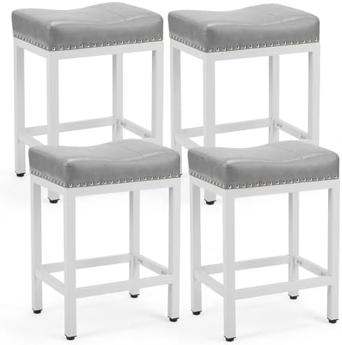 DUMOS Saddle Bar Stools Set of 4, 24 Inch Counter Height Stools with Curved PU Leather Surface, 3.7" Thick Upholstery Bar Height Stools with Footrest for Kitchen Island, Dining, Cafe, Gray