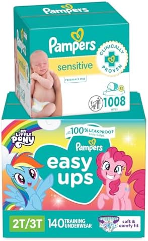 Pampers Easy Ups Pull On Training Pants My Little Pony, 2T-3T, 140 Count with Sensitive Water Based Baby Wipes 12 Flip-Top Packs (1008 Wipes Total)