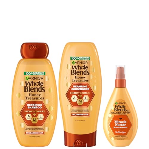 Garnier Whole Blends Honey Treasures Repairing Shampoo, Conditioner + Miracle Nectar Leave-In Set for Dry, Damaged Hair (3 Items), 1 Kit (Packaging May Vary)