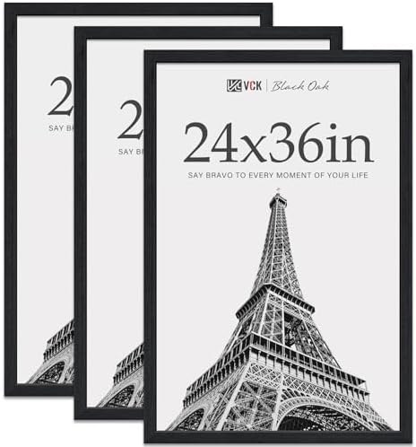 VCK 24x36 Poster Frame Black Oak - 3 Pack, Exclusive Natural Textured Solid Wood Picture Frame, Wall Hanging