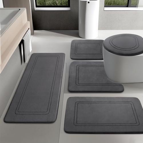 YIHOUSE Dark Grey Memory Foam Bathroom Rug Set, Absorbent Non Slip Bath Mats for Bathroom Floor, Washable Dry Quickly 5 Piece