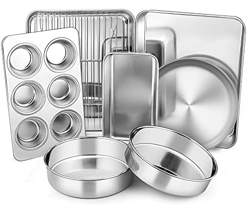 Toaster Oven Bakeware Set, E-far 8-Piece Stainless Steel Small Baking Pan Set, Include 6-Inch Cake Pan/Rectangle Baking Pan/Cookie Sheet with Rack/Muffin/Loaf/Pizza Pan, Non-Toxic & Dishwasher Safe